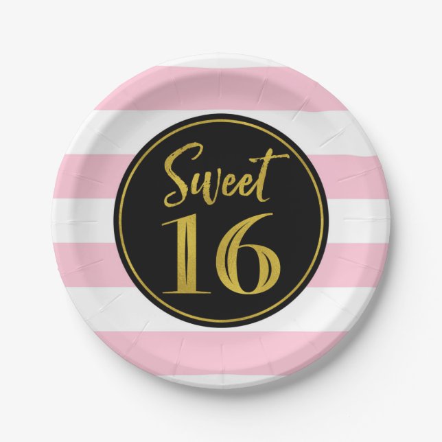 Sweet 16 Birthday Party Pink Black White Stripes P Paper Plates (Front)