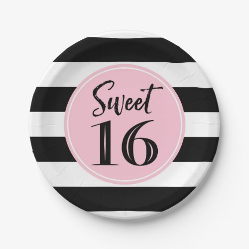 Sweet 16 Birthday Party Pink Black White Stripes Paper Plates