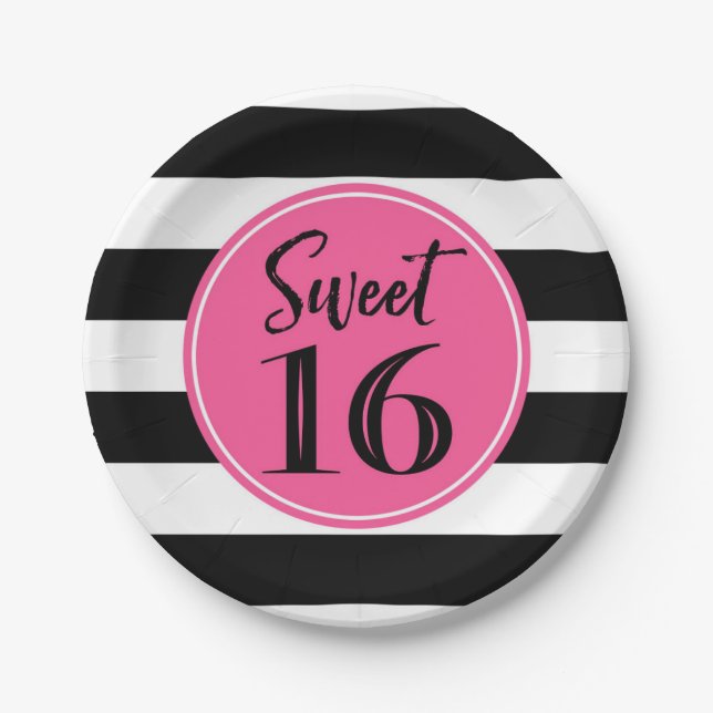 Sweet 16 Birthday Party Pink Black White Stripes Paper Plates (Front)