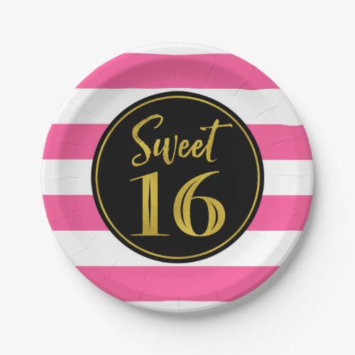 Sweet 16 Birthday Party Pink Black White Stripes Paper Plates