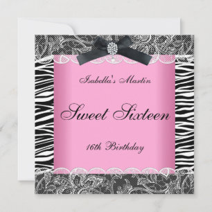 Sweet 16 Birthday Party Pink Black White Zebra Invitation