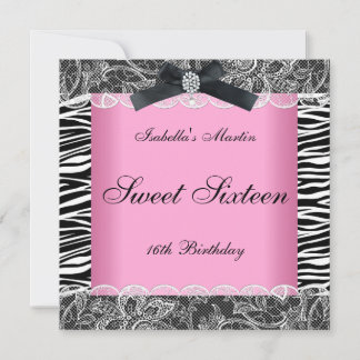 Sweet 16 Birthday Party Pink Black White Zebra Invitation
