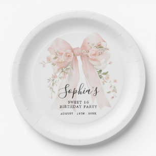 Sweet 16 Birthday Party Pink Bow Roses Cocktail Paper Plates