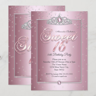 Sweet 16 Birthday Party Pink Diamond Silver Tiara Invitation