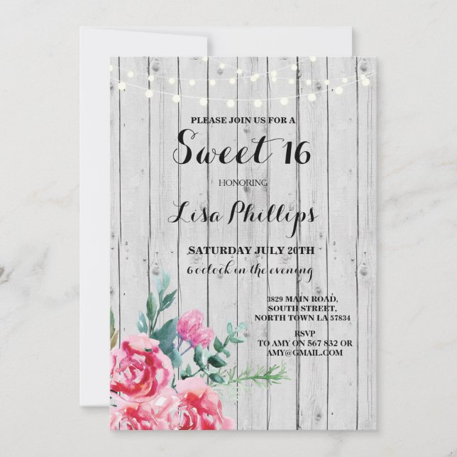 Sweet 16 Birthday Party Pink Floral Wood Invite 18 (Front)
