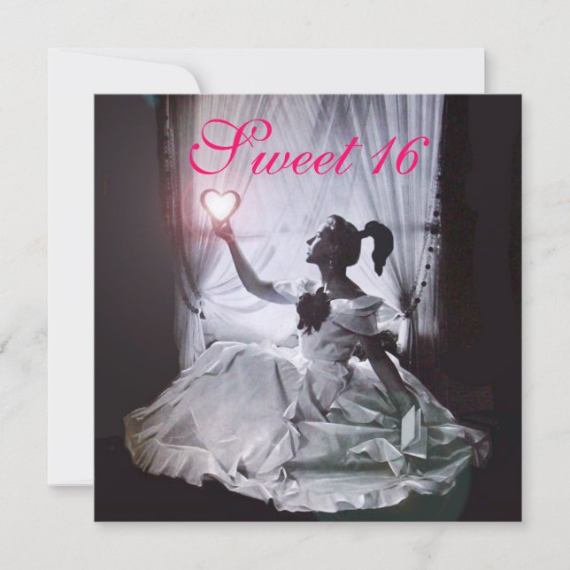 SWEET 16 BIRTHDAY PARTY,PINK FUCHSIA BLACK DAMASK INVITATION (Front)
