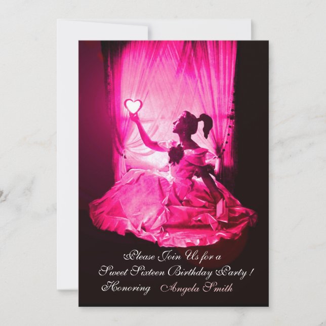 SWEET 16 BIRTHDAY PARTY,PINK FUCHSIA BLACK DAMASK INVITATION (Front)