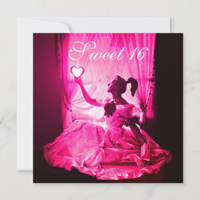 SWEET 16 BIRTHDAY PARTY,PINK FUCHSIA BLACK DAMASK INVITATION (Front)