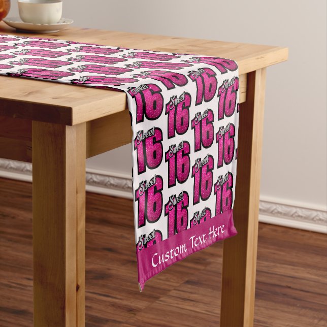 Sweet 16 Birthday Party Pink Glitter Personalized Short Table Runner (In Situ)