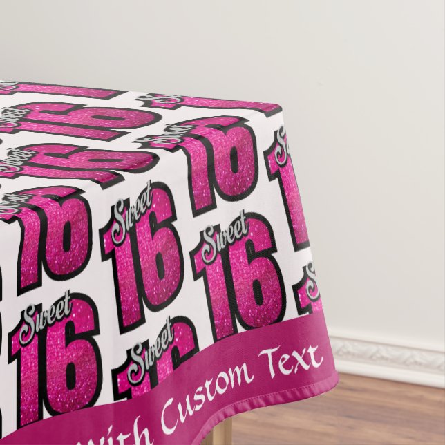 Sweet 16 Birthday Party Pink Glitter Personalized Tablecloth (In Situ)