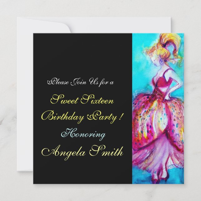 SWEET 16 BIRTHDAY PARTY Pink Plue Turquoise Black Invitation (Front)