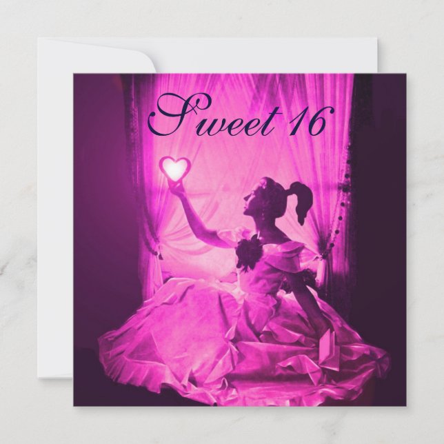 SWEET 16 BIRTHDAY PARTY,PINK PURPE BLACK DAMASK INVITATION (Front)