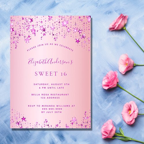 Sweet 16 birthday party pink stars sprinkle invitation