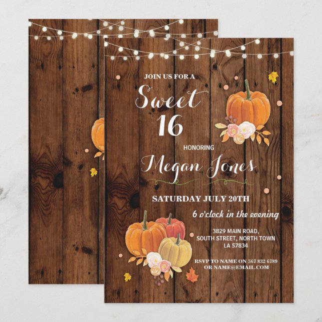 Sweet 16 Birthday Party Pumpkin Rustic Wood Invite (Front/Back)