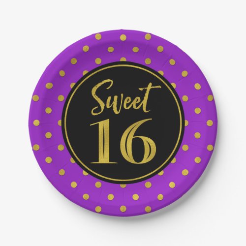 Sweet 16 Birthday Party Purple Black Gold Dots Paper Plates