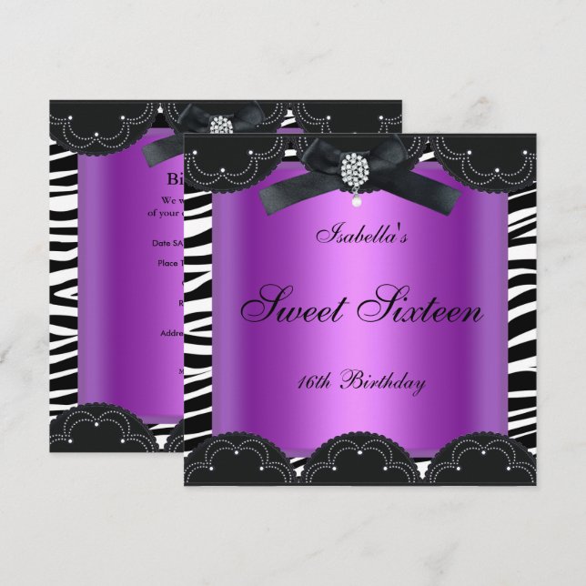 Sweet 16 Birthday Party Purple Black White Zebra Invitation (Front/Back)