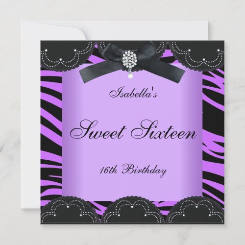 Sweet 16 Birthday Party Purple Black Zebra Invitation