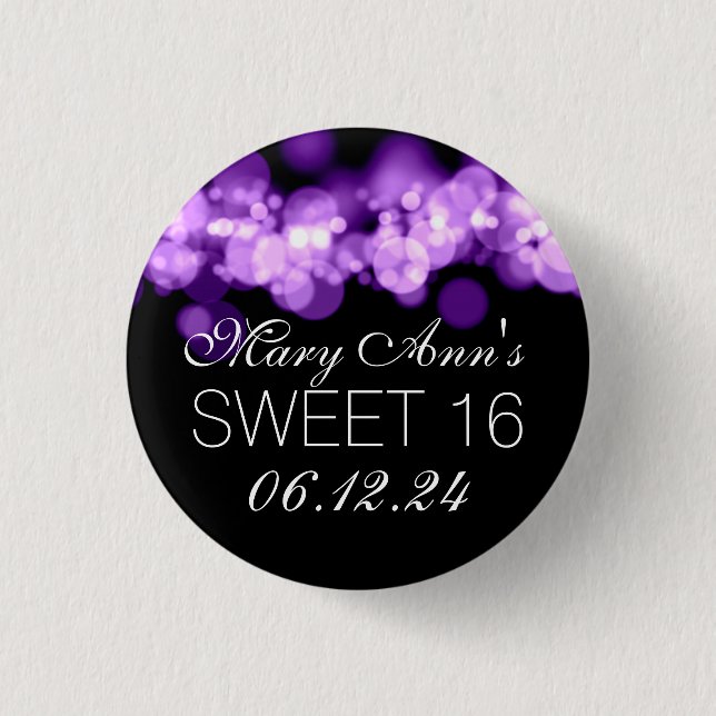 Sweet 16 Birthday Party Purple Bokeh Lights Pinback Button (Front)