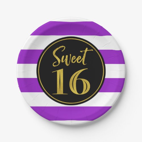Sweet 16 Birthday Party Purple Gold White Stripes Paper Plates