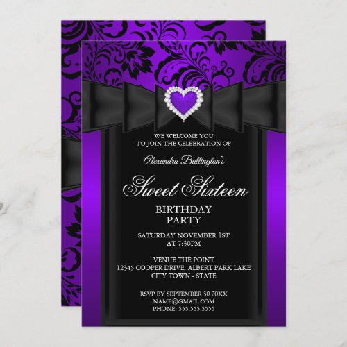 Sweet 16 Birthday Party Purple Heart Damask Invitation