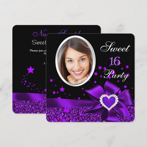 Sweet 16 Birthday Party Purple Heart Photo Glitter Personalized Announcement