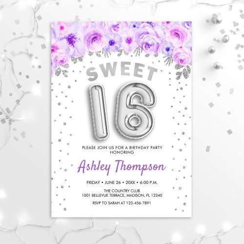 Sweet 16 Birthday Party _ Purple Silver Balloons Invitation