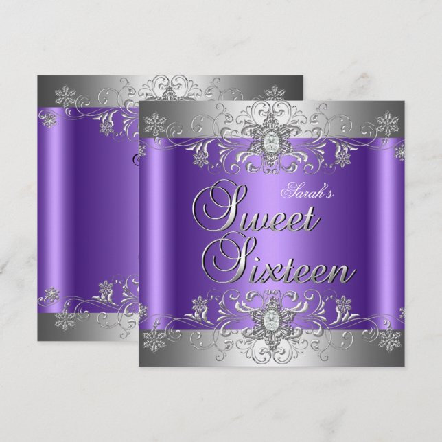 Sweet 16 Birthday Party Purple Silver Diamond Invitation (Front/Back)