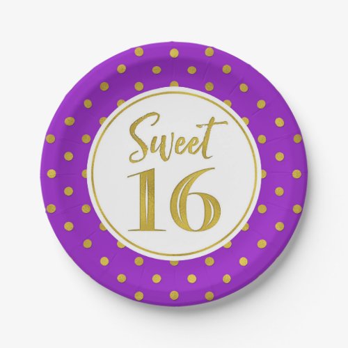 Sweet 16 Birthday Party Purple White Gold Dots Paper Plates