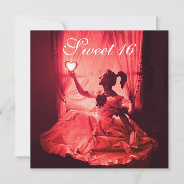 SWEET 16 BIRTHDAY PARTY,RED BLACK WHITE DAMASK INVITATION (Front)