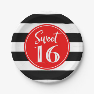 Sweet 16 Birthday Party Red Black White Stripes Paper Plates