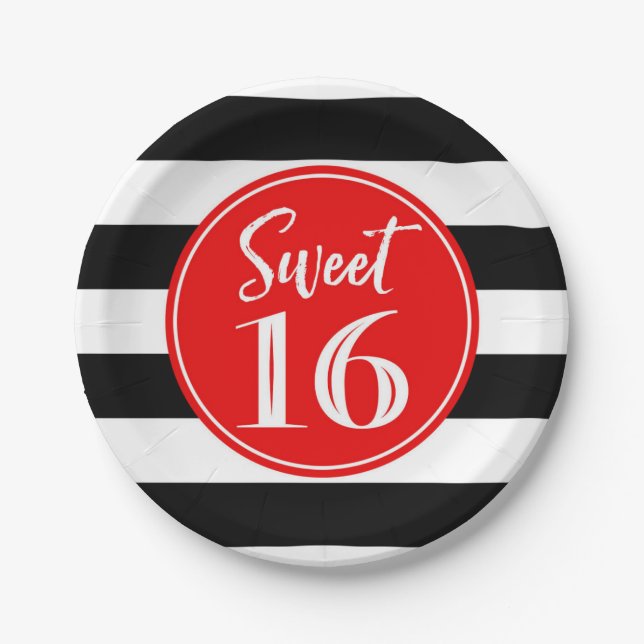Sweet 16 Birthday Party Red Black White Stripes Paper Plates (Front)