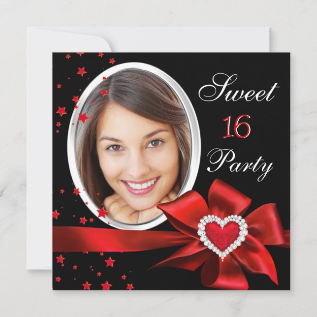 Sweet 16 Birthday Party Red Heart Photo Silver Invitation (Front)