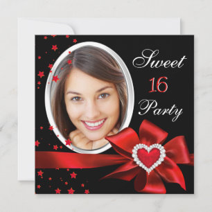 Sweet 16 Birthday Party Red Heart Photo Silver Invitation