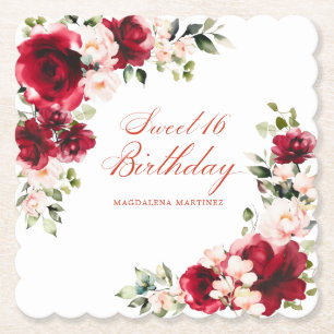 Sweet 16 Birthday Party Red Pink Floral Custom Paper Coaster