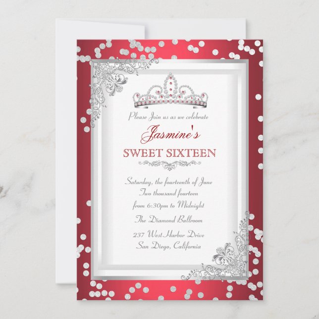 Sweet 16 Birthday Party Red Silver White Tiara Invitation (Front)