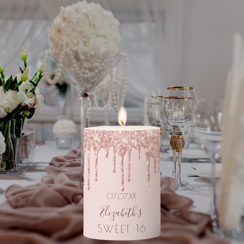 Sweet 16 birthday party rose gold glitter drips pillar candle