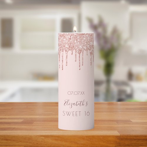 Sweet 16 birthday party rose gold glitter drips pillar candle