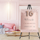 Sweet 16 birthday party rose gold glitter welcome foam board<br><div class="desc">A welcome board for a girly and glamorous Sweet 16,  16th birthday party.  A rose gold faux metallic looking background decorated with faux glitter drips,  paint dripping look.   Personalize and add a name.  Number 16 is written with a balloon style font.  
Back: no design</div>