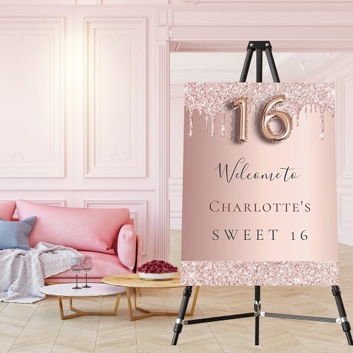 Sweet 16 birthday party rose gold glitter welcome foam board