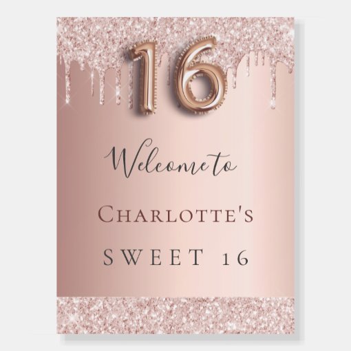 Sweet 16 birthday party rose gold glitter welcome foam board | Zazzle