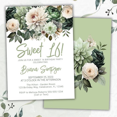 Sweet 16 Birthday Party Sage Green Floral Invitation