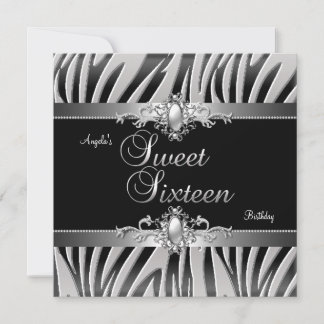 Sweet 16 Birthday Party Silver Black Zebra Jewel 2 Invitation