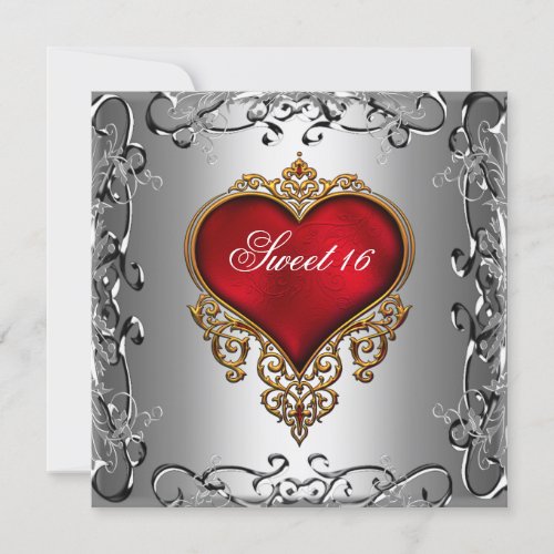 Sweet 16 Birthday Party Invitation Silver red hear