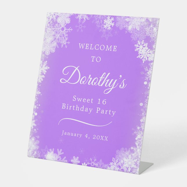 Sweet 16 Birthday Party Snowflake Purple Welcome Pedestal Sign (Front)