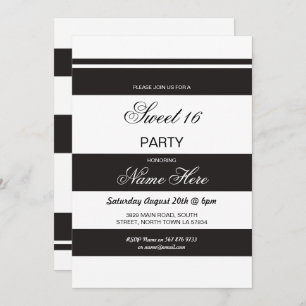 Sweet 16 Birthday Party Stripe Black White Invite