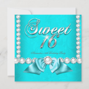 Sweet 16 Birthday Party Teal Blue Aqua Pearls Invitation