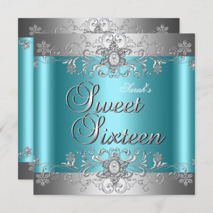 Sweet 16 Birthday Party Teal Blue Silver Diamond Invitation