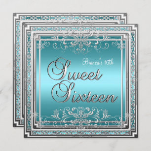 Sweet 16 Birthday Party Teal Blue Silver Teen Girl Invitation