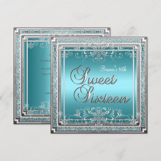 Sweet 16 Birthday Party Teal Blue Silver Teen Girl Invitation