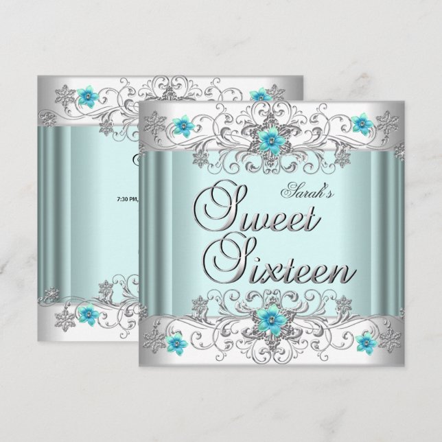 Sweet 16 Birthday Party Teal Blue White Diamond Invitation (Front/Back)
